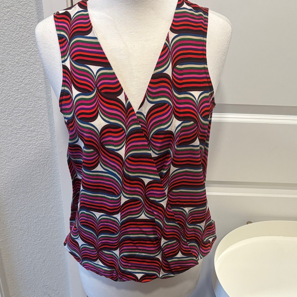 EUC Trina Turk Multicolor Wave Pattern Sleeveless Wrap Blouse